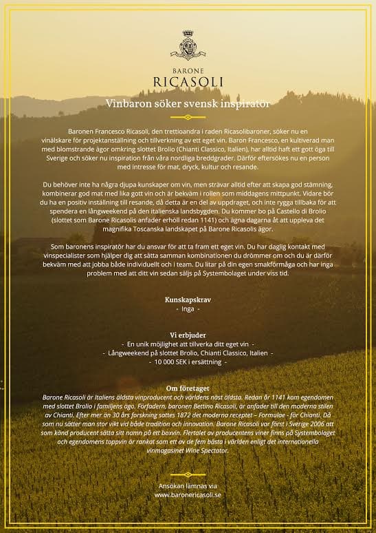 Vill du jobba som vininspiratör och tillverka ditt eget vin? – Barone Ricasoli letar efter dig!