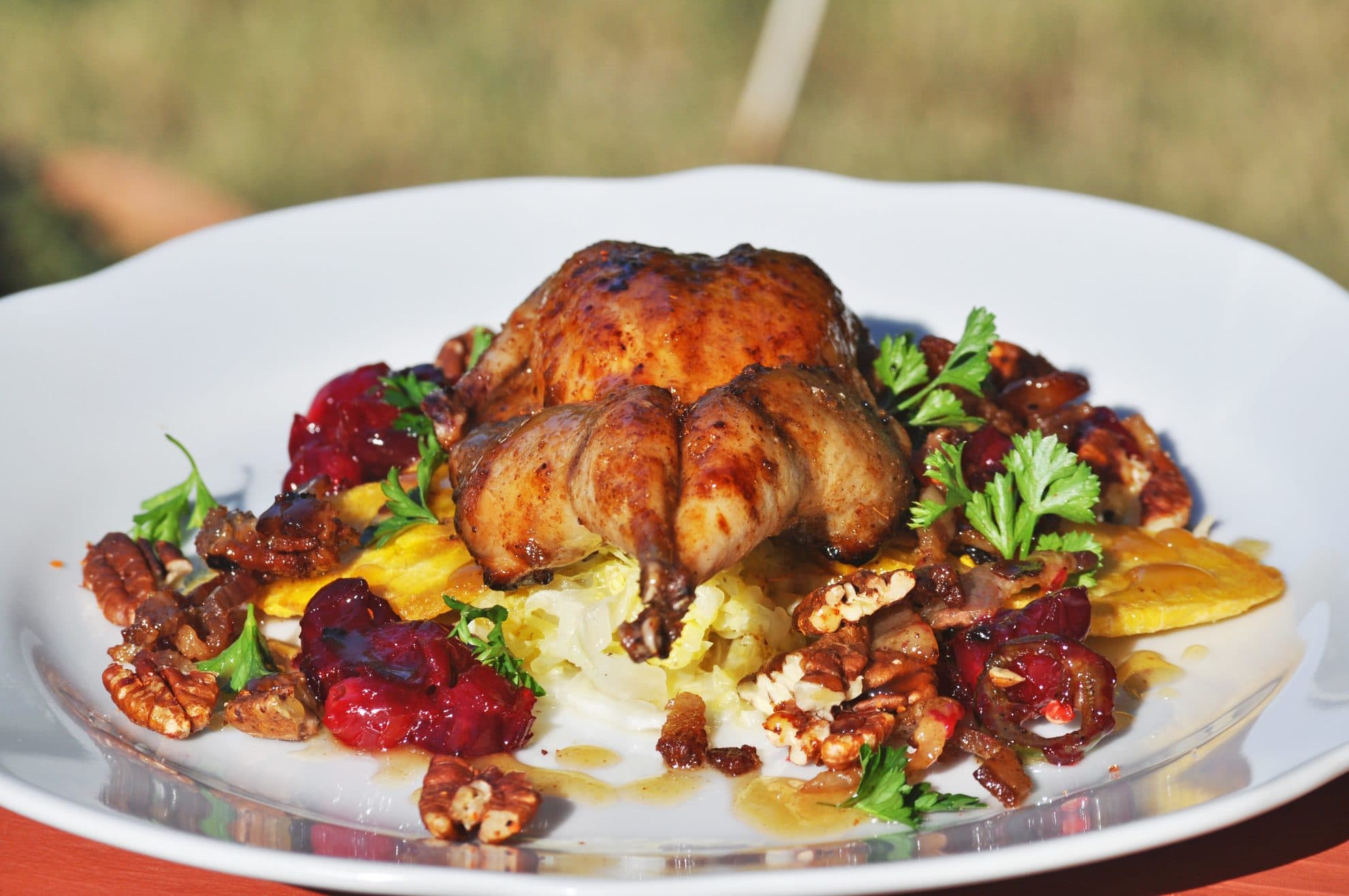 Honung- och kumminglaserad vaktel med tranbär och tostones